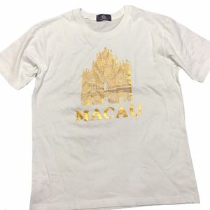 Macau Vintage T Shirt Tee Top White Gold Crew Neck Short Sleeve